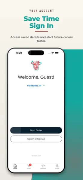 A smartphone displaying the app's welcome screen with options to start an order or sign in, highlighting faster ordering through a saved account.