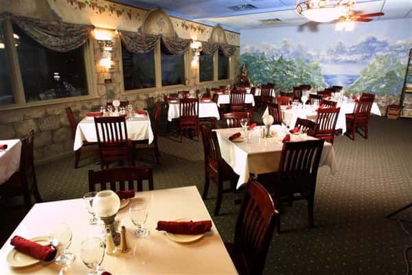 tables and chairs inside restaurant