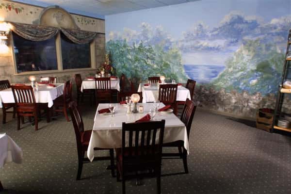 tables and chairs inside restaurant