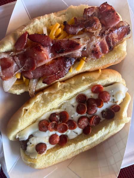 pizza dog and hot dog with bacon