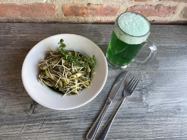 St Patrick's Day meal with Green Beer and utensil setting