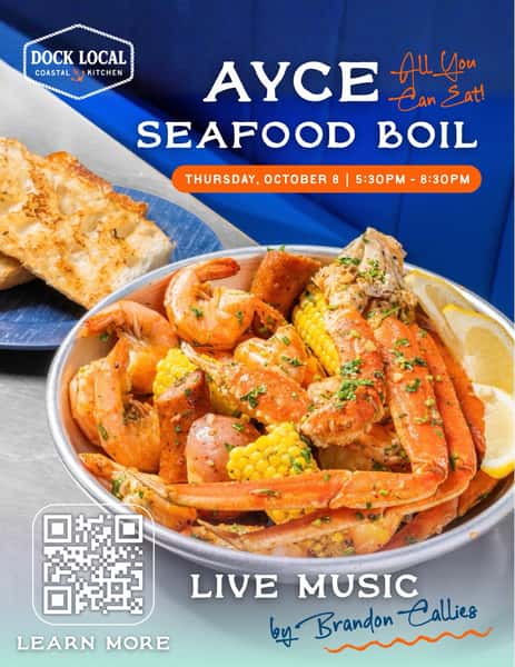 We are hosting an AYCE Seafood Boil on October 8th! 🦀✨
Join us @dallasfarmersmarket to enjoy an all-you-can-eat seafood boil @docklocal ⚓️ this is happening October 8th from 5:30-8:30 and you can participate by purchasing your seafood boil beforehand on our website.
You can also enjoy Live Music by Brandon Callie’s + our Local Hour til 6pm with $3 DockARitas, $5 Wine by the Glass, and $5 Whiskey Pours.
This is an end of summer event that you won’t want to miss!