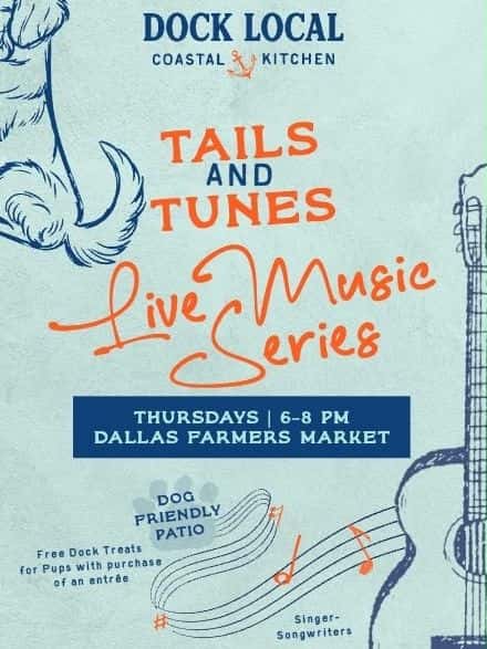 Join us tonight for Tails & Tunes! We will have Live Music at our @dallasfarmersmarket location so you and your pup can enjoy delicious coastal cusine and enjoy a beautiful night on our patio. ✨