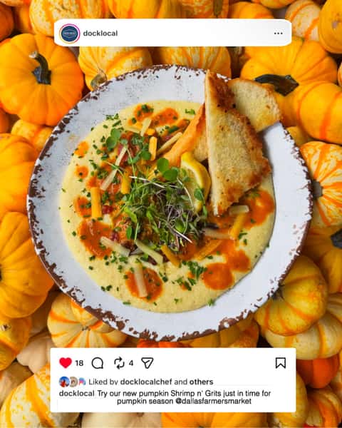 Just in time for Pumpkin Season, stop by and enjoy Pumpkin Shrimp n' Grits @dallasfarmersmarket every weekend for the month of October 🎃