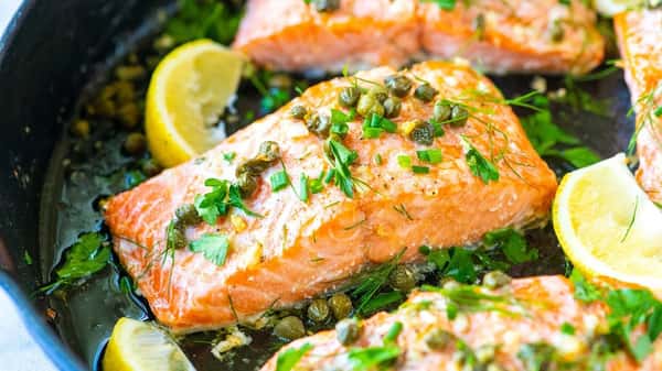 Grilled Salmon Fillet with Shallot Caper Lemon Sauce