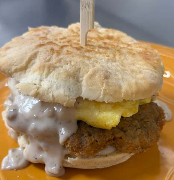 CHICKEN FRIED STEAK ON A BISCUIT WITH GRAVY