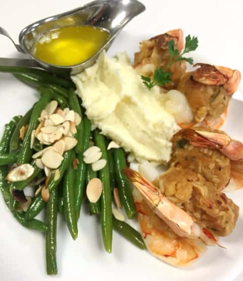Steamed shrimp with mashed potatoes, string beans, and mashed potatoes
