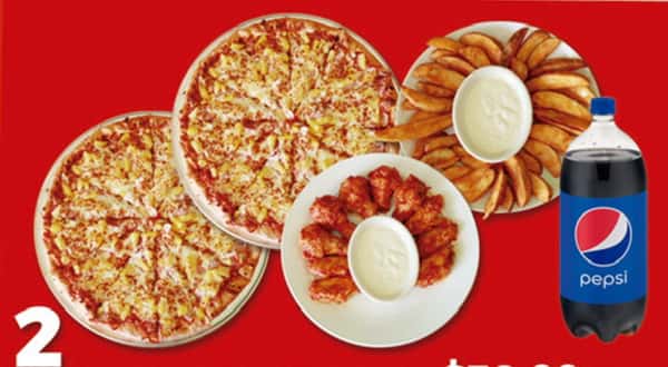 #2 Family Pack. 2 Medium Pizzas 2 Toppings, 1 Lb Potato Wedges, 12 Wings & 2 Liter Soda