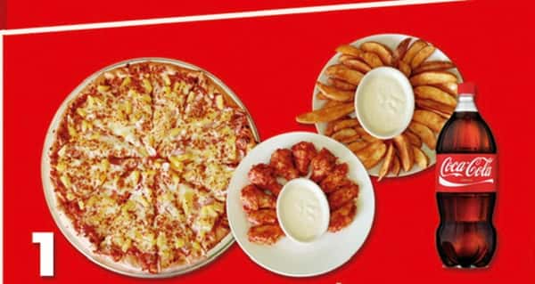 #1 Family Pack. 1 Large 2 Toppings, 1 Lb Potato Wedges, 10 Wings & 2 Liter Soda