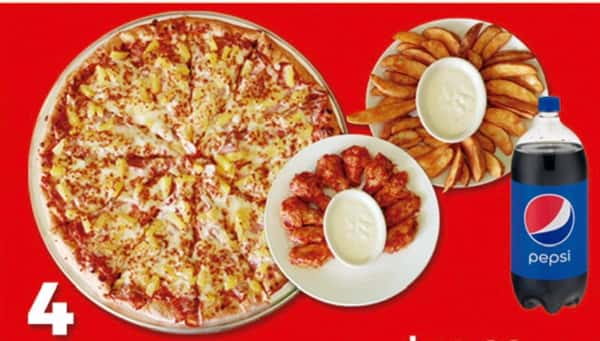 #4 Family Pack. 1 Extra Large Pizza 2 Toppings, 1 Lb potato Wedges, 12 Wings & 2 Liter Soda