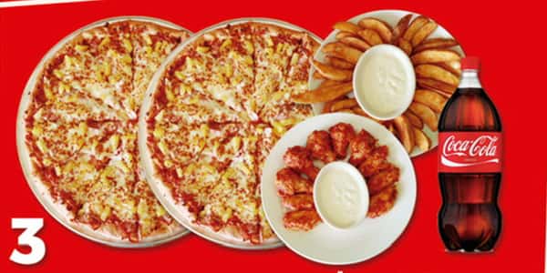 #3 Family Pack. 2 Large Pizzas 2 Toppings, 1 Lb Potato Wedges, 14 Wings & 2 Liter Soda