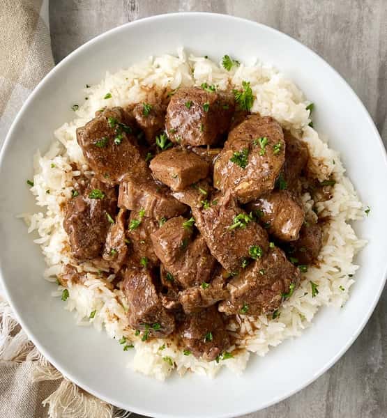 Meat and rice in a bowl