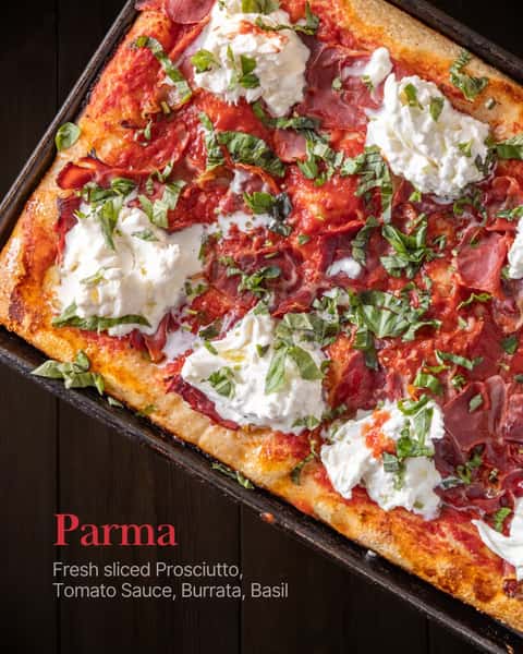 Meet the Parma. 🍕 Fresh sliced prosciutto, creamy burrata, rich tomato sauce, and basil — simple ingredients, done right. Come taste it for yourself or order online!