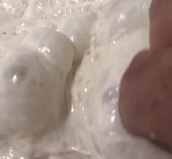 Dough strands coming off the hand, four-day sourdough at Teglia Pizza Bar in Montclair NJ