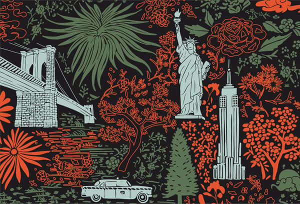 The Monkey King colorful illustration of the Brooklyn Bridge, Statue of Liberty and taxi