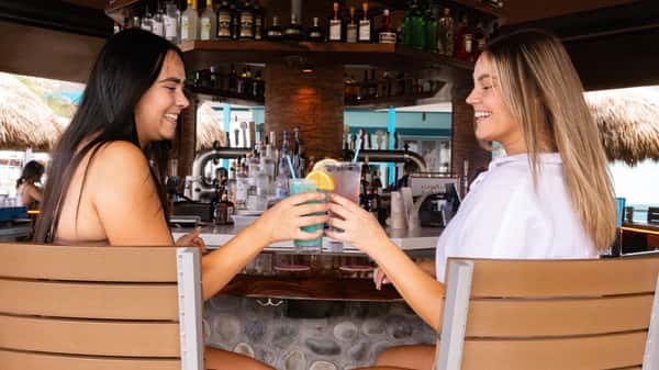 Two women sitting at the bar clinking glasses