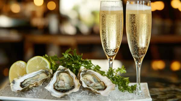 Oysters on the half shell with two flutes of champagne