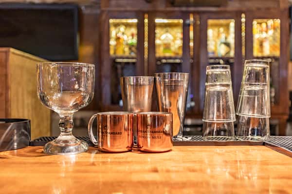 cocktail glasses on bar