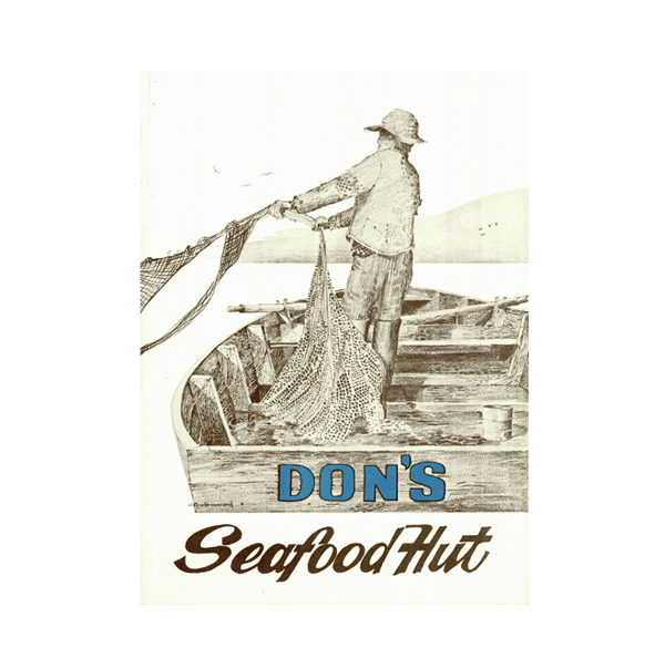 Vintage-style illustration of a fisherman casting a net from a wooden boat, featured on Don's Seafood Hut logo, evoking classic coastal Louisiana seafood heritage and tradition