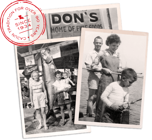 A collage of vintage family photos and historic photos of Don's Seafood