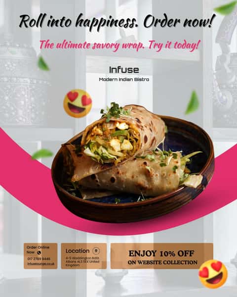 Roll Into Happiness: Your Ultimate Lunch Sorted	10% Off Your Collection Order Roll into Flavour.

Treat yourself to the ultimate savoury wrap from Infuse! Packed with delicious filling, great texture, and ready to enjoy.
For maximum convenience and savings, order online for collection and grab a cheeky 10% discount at the checkout.
Perfectly spiced, perfectly rolled. Try it today! 🌯

🌐 Website: www.infuselounge.co.uk
📱+44 1727 899446
 📍 Waddington Rd, St Albans

 #InfuseBistro#SavouryWrap #IndianRolls #OrderNow #10PercentOff #CollectionDeal #LunchGoals #ModernIndianFood #StreetFoodVibes #UKEats #Takeaway"