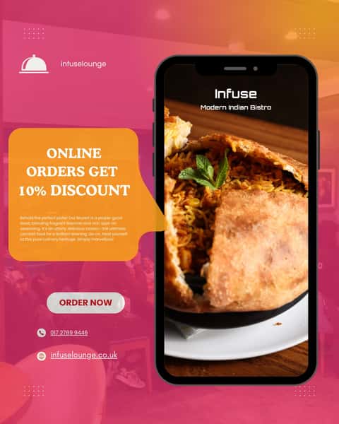 10% Off: Your Weekend Biryani Sorted!	

Collect & Save: A Proper Good Feast Awaits!
Fancy an utterly delicious takeaway tonight? 🤤

You can get your hands on our renowned Biryani a proper good feast of fragrant Basmati and rich, spot-on seasoning—and save a bob or two!

Special Offer: Get 10% DISCOUNT on all collection orders placed directly through our website. Simply click 'ORDER NOW' and treat yourself to the ultimate comfort food for a brilliant evening.

Don't miss out on this smashing deal! 🥂

🌐 Website: www.infuselounge.co.uk
📱+44 1727 899446
 📍 Waddington Rd, St Albans

#infuseindianbistro #OnlineDiscount #CollectAndSave #BiryaniLove #InfuseLounge #TakeawayTreat #IndianFood #StAlbansEats #WeekendFeast