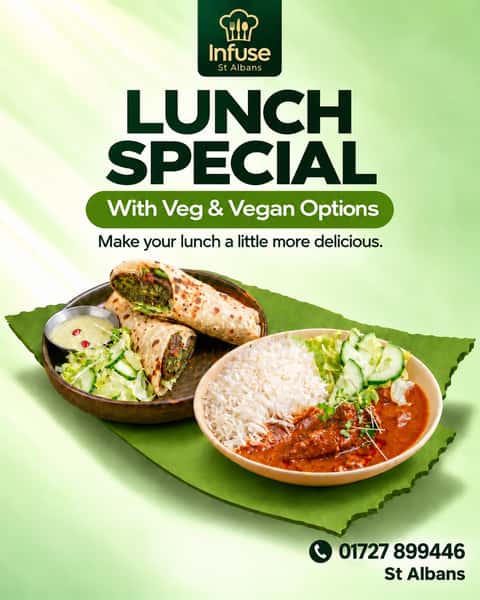 Your lunch break deserves a little more flavour.

Make midday delicious with the Lunch Special at Infuse St Albans, with vegetarian and vegan options to suit your cravings. Catch up with friends or take a well-earned break over a satisfying lunch.

Tag your lunch partner and make plans to join us!

Call 01727 899446 to book your table.
https://infuseuk.com/

#InfuseStAlbans #StAlbansFood #StAlbansRestaurants #LunchSpecial #LunchInStAlbans #HertfordshireFoodies #VegetarianOptions #VeganOptions