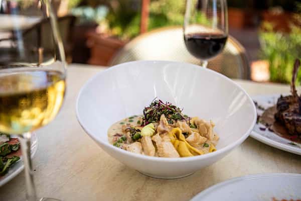 A refined pasta dish is elegantly presented in a white bowl, featuring perfectly cooked rigatoni tossed in a creamy sauce and topped with fresh herbs and shaved cheese. The setting includes a glass of red wine and a softly blurred outdoor background, creating a sophisticated yet relaxed dining atmosphere that highlights both flavor and presentation.