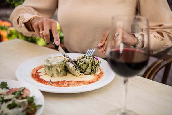 An elegant Italian dish being enjoyed, featuring stuffed pasta topped with creamy sauce and herbs, paired with a glass of red wine.