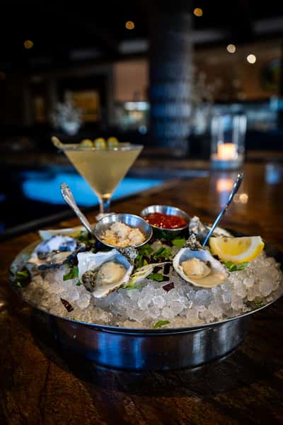 A chilled seafood platter served over ice with fresh oysters, lemon, and a crisp cocktail—perfect for a refined start.