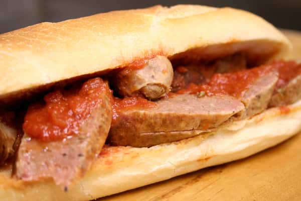 Sandwich with sausage and red sauce