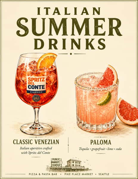Promotional graphic featuring a variety of cocktails, spritzes, and specialty drinks with ingredient descriptions.