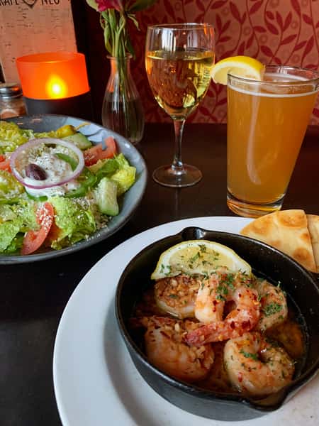 Happy Hour Garlic Shrimp & Greek Side Salad