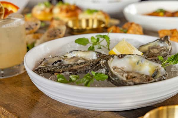 Freshly shucked oysters on the half shell served over ice with lemon wedges and watercress garnish, paired with a citrus cocktail.