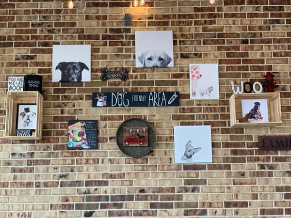 brick wall with photos of dogs