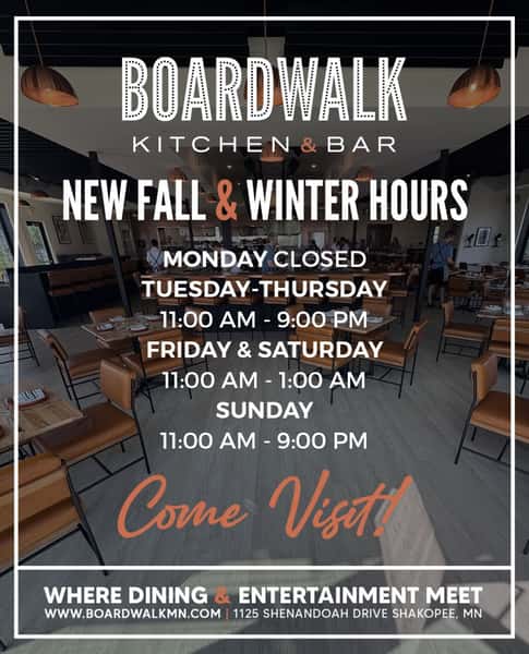 Our fall/winter hours start tomorrow! Come check out our new menu starting Tuesday! #hours #boardwalkmn