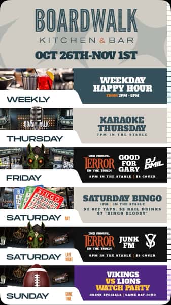 Our new menu drops tomorrow! Join us to see what’s new at Boardwalk Kitchen & Bar! @shakopee.dollarsforscholars @oncallmusicandevents @goodforgary @junkfm @djdmil @dj_ys #skol #halloween #shakopee