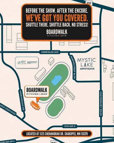 Shuttle map of the route between Boardwalk Kitchen & Bar and Mystic Lake Amphitheater