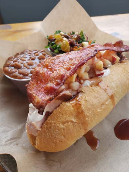 pork sandwich and beans