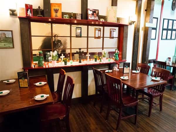 tables and chairs inside restaurant