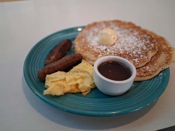 Pancakes sausage and egg