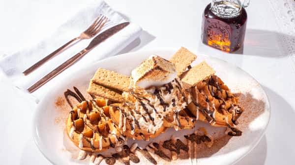Waffle with chocolate drizzle, whipped cream, and graham crackers.