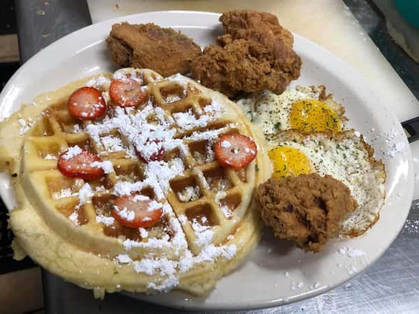 waffles, fried chicken and fried eggs