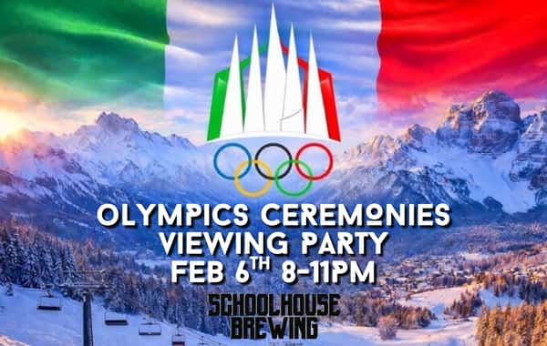 Crowd watches the Winter Olympics Opening Ceremonies on big screens at Schoolhouse Brewing in Marietta, Georgia. Snowy mountain backdrop, Olympic rings, and event details for a February 6 viewing party.
