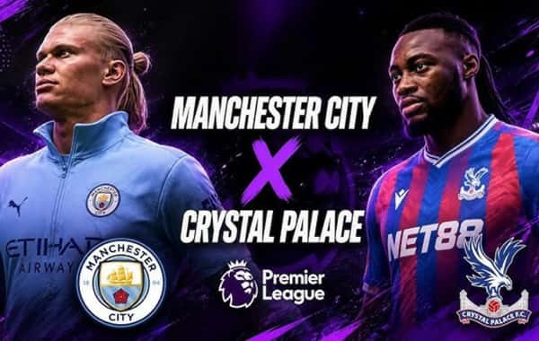 Manchester City vs. Crystal Palace Premier League watch party at Schoolhouse Brewing in Marietta, Georgia, featuring a match graphic with players from both clubs, team logos, and Premier League branding. Join fellow soccer fans at the Schoolhouse Brewing taproom to watch Manchester City take on Crystal Palace live.