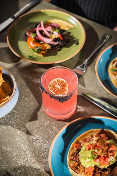 group of dishes and a drink