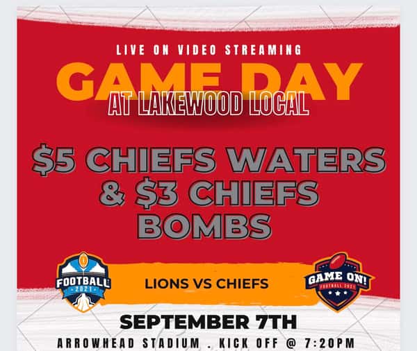 ITS GAME DAY ‼️‼️ We’ve got $5 Chiefs Waters and $3 Chiefs Bombs 💣 🏈 

Let’s Party!! All Tv’s will be on the game with sound, INSIDE & OUT!! Plus for your ultimate viewing experience we’ve put two brand new tv’s on our patio! 🙌🏻🙌🏻

Pregame Hour is from 2pm-6pm 🍻😉

GO CHIEFS!!!!!!!! ❤️❤️❤️