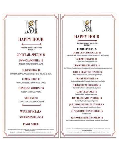 Two-panel SM44 Happy Hour menu on a clean white background, featuring cocktail and wine specials alongside food specials. Available Tuesday through Sunday from 5–7 PM at the bar only.