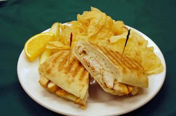 Grilled Chicken Ranch panini and a side of chips.