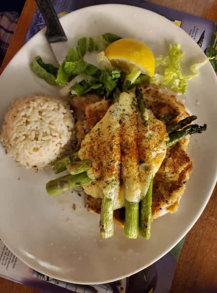 Asparagus and chicken with side of rice